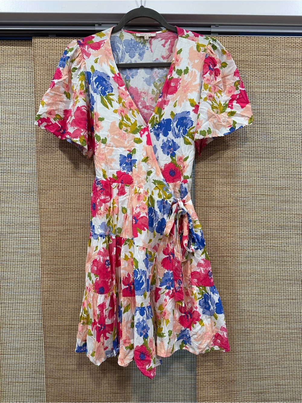 Skies Are Blue Floral Wrap Mini Dress in Blue, Pink & Green